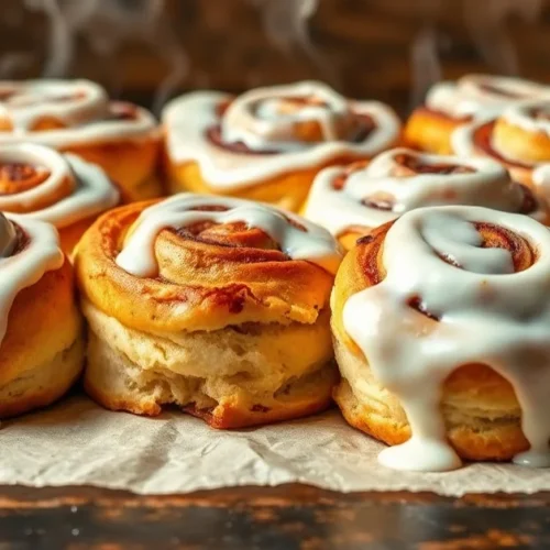 Golden brown cinnamon rolls without yeast, fresh from oven, topped with white glaze, arranged on parchment paper, warm steam
