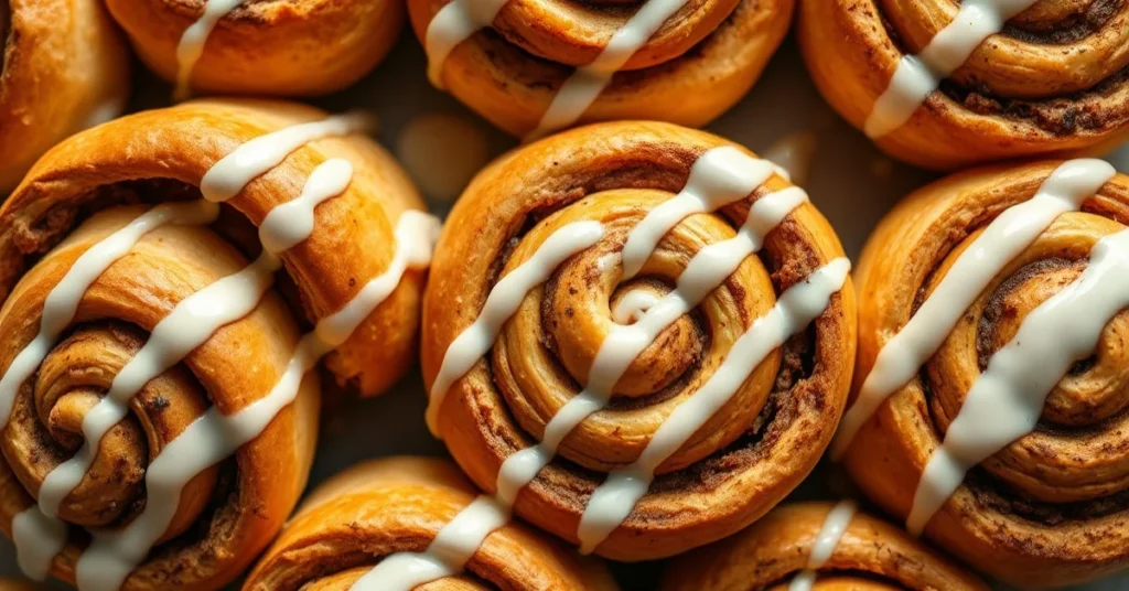 Golden-brown cinnamon swirls with puff pastry, drizzled white glaze, close-up top view, warm bakery lighting, freshly baked