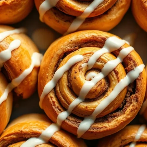 Golden-brown cinnamon swirls with puff pastry, drizzled white glaze, close-up top view, warm bakery lighting, freshly baked