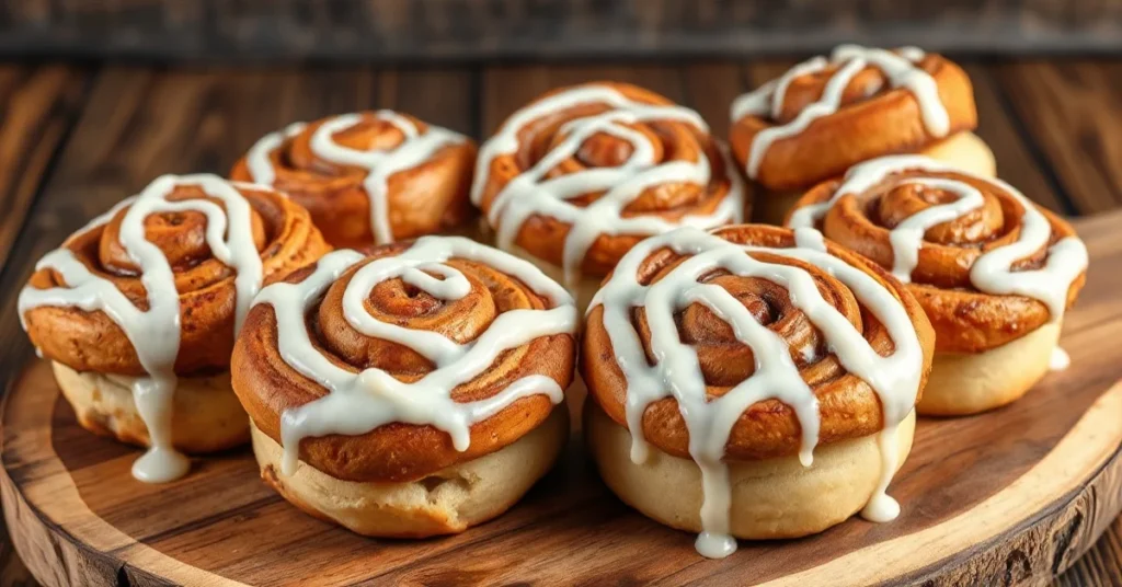 Golden-brown Danish cinnamon rolls with white icing drizzle, arranged on rustic wooden board, steaming warm, cozy Nordic bake