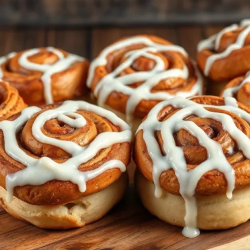 Golden-brown Danish cinnamon rolls with white icing drizzle, arranged on rustic wooden board, steaming warm, cozy Nordic bake