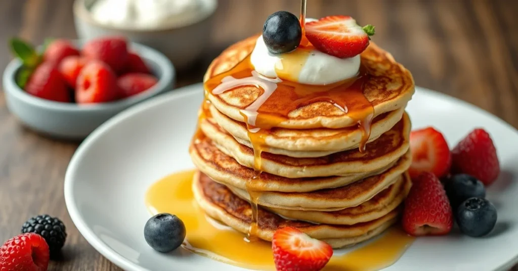 Golden-brown fluffy pancakes without eggs stacked on white plate, drizzled with maple syrup, fresh berries, coconut yogurt, b