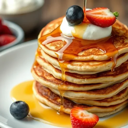 Golden-brown fluffy pancakes without eggs stacked on white plate, drizzled with maple syrup, fresh berries, coconut yogurt, b