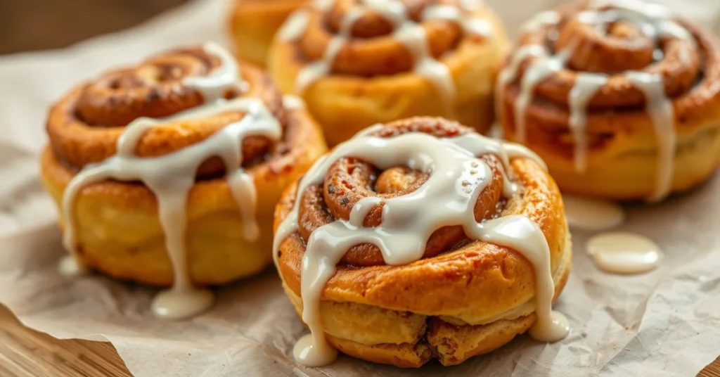 Golden-brown freshly baked cinnamon rolls with sweet vanilla glaze drizzle, warm aromatic pastries on parchment paper, profes