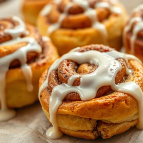 Golden-brown freshly baked cinnamon rolls with sweet vanilla glaze drizzle, warm aromatic pastries on parchment paper, profes