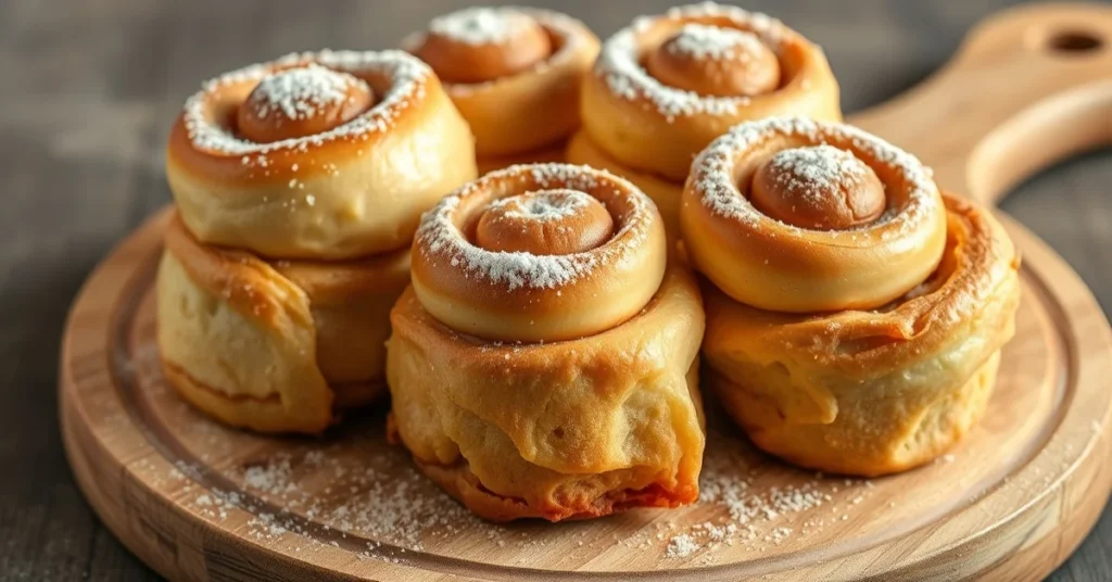 Golden-brown gluten-free cinnamon rolls dusted with powdered sugar on wooden board, professional bakery photography