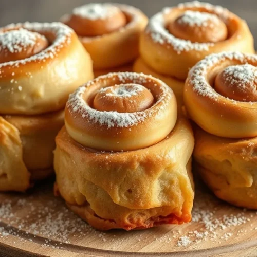 Golden-brown gluten-free cinnamon rolls dusted with powdered sugar on wooden board, professional bakery photography