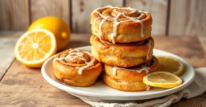 Golden-brown lemon cinnamon rolls stacked on white plate, fresh lemon slices, white frosting drizzle, soft morning light, rus