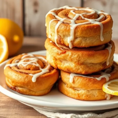 Golden-brown lemon cinnamon rolls stacked on white plate, fresh lemon slices, white frosting drizzle, soft morning light, rus