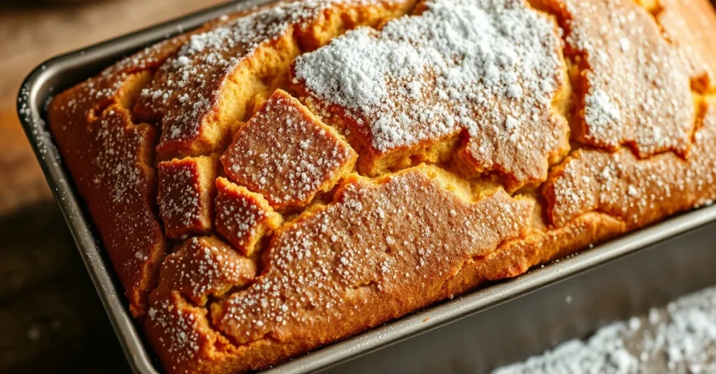 Golden-brown mohn cake in rectangular loaf pan, dusted with powdered sugar, fresh from oven, bakery style photography, warm l