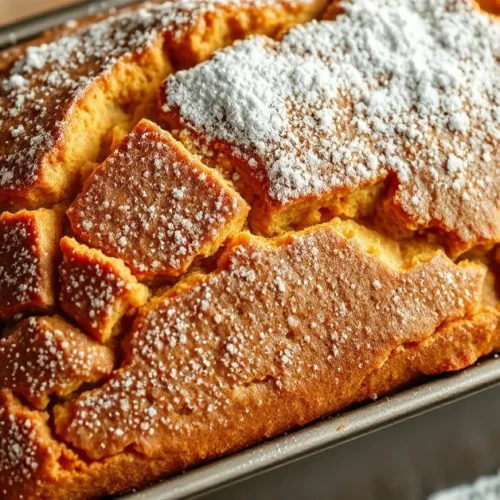 Golden-brown mohn cake in rectangular loaf pan, dusted with powdered sugar, fresh from oven, bakery style photography, warm l