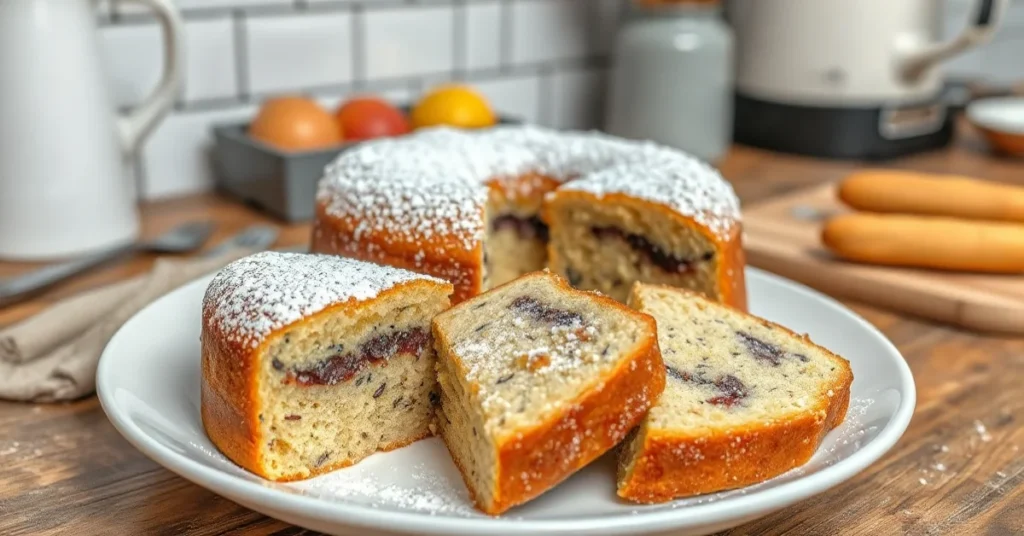 Golden-brown mohn cake with poppy seed filling, dusted with powdered sugar, sliced on white plate, rustic kitchen background,