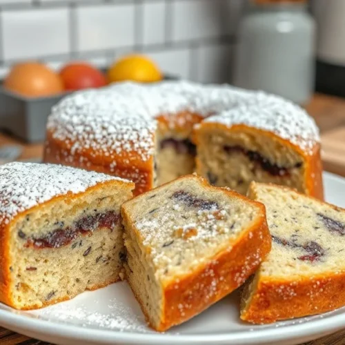 Golden-brown mohn cake with poppy seed filling, dusted with powdered sugar, sliced on white plate, rustic kitchen background,