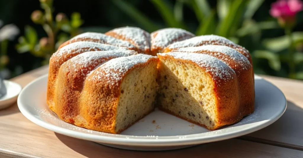 Golden-brown mohnkuchen poppy seed cake on white plate, lightly dusted with powdered sugar, garden setting morning light, per