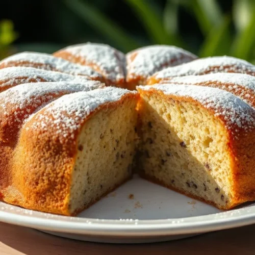 Golden-brown mohnkuchen poppy seed cake on white plate, lightly dusted with powdered sugar, garden setting morning light, per