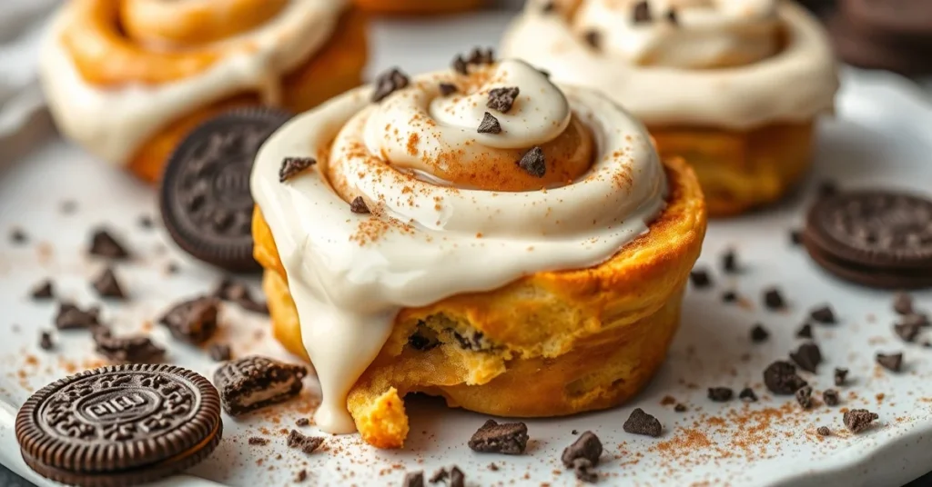 Golden-brown Oreo cinnamon rolls with cream cheese frosting, scattered Oreo cookies crumbles, cinnamon spice, professional fo