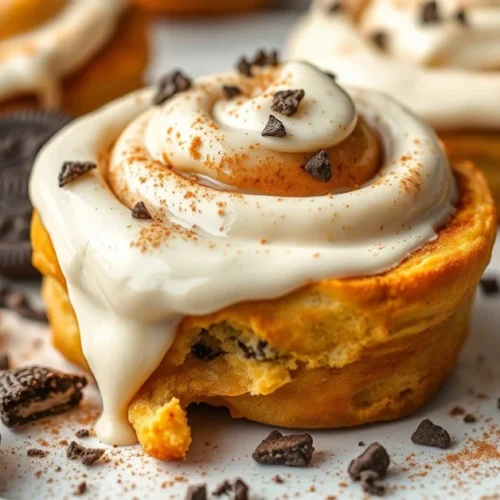 Golden-brown Oreo cinnamon rolls with cream cheese frosting, scattered Oreo cookies crumbles, cinnamon spice, professional fo