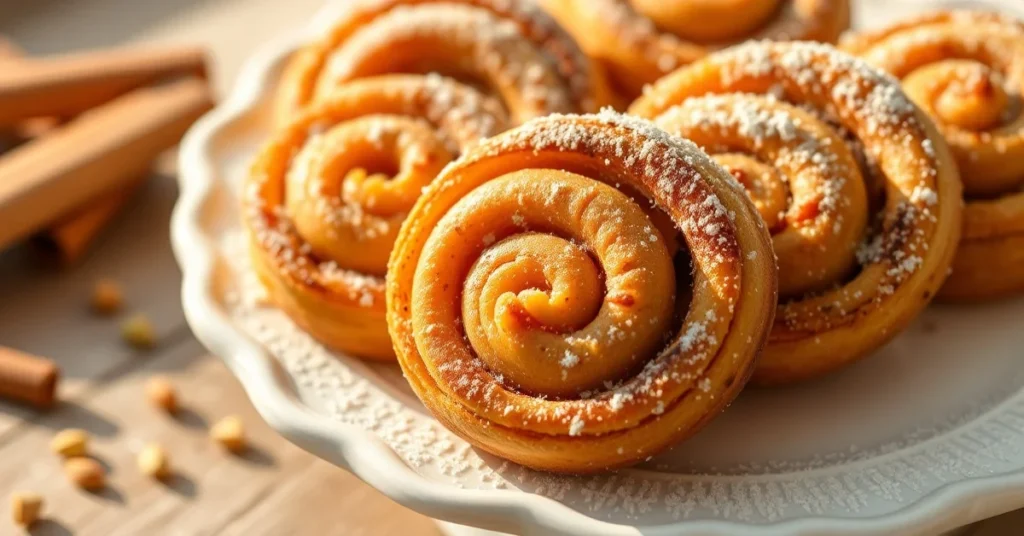 Golden-brown pistachio cinnamon swirls arranged on white ceramic plate, gently dusted with powdered sugar, closeup food photo