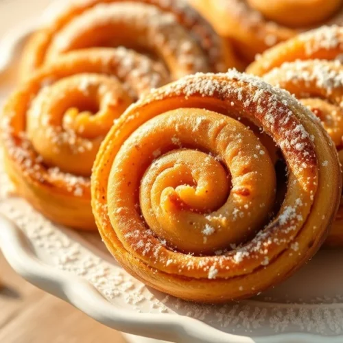Golden-brown pistachio cinnamon swirls arranged on white ceramic plate, gently dusted with powdered sugar, closeup food photo