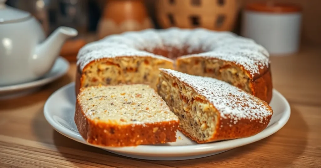 Golden-brown poppy seed cake dusted with powdered sugar, sliced on a white plate, warm kitchen lighting, homemade bakery aest