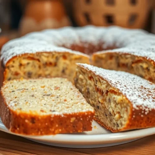 Golden-brown poppy seed cake dusted with powdered sugar, sliced on a white plate, warm kitchen lighting, homemade bakery aest