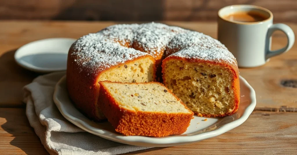 Golden-brown poppy seed cake fresh from oven, sliced on ceramic plate, dusted with powdered sugar, coffee cup beside, rustic
