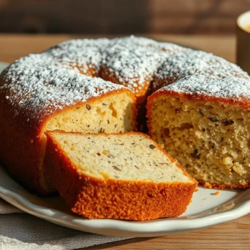 Golden-brown poppy seed cake fresh from oven, sliced on ceramic plate, dusted with powdered sugar, coffee cup beside, rustic