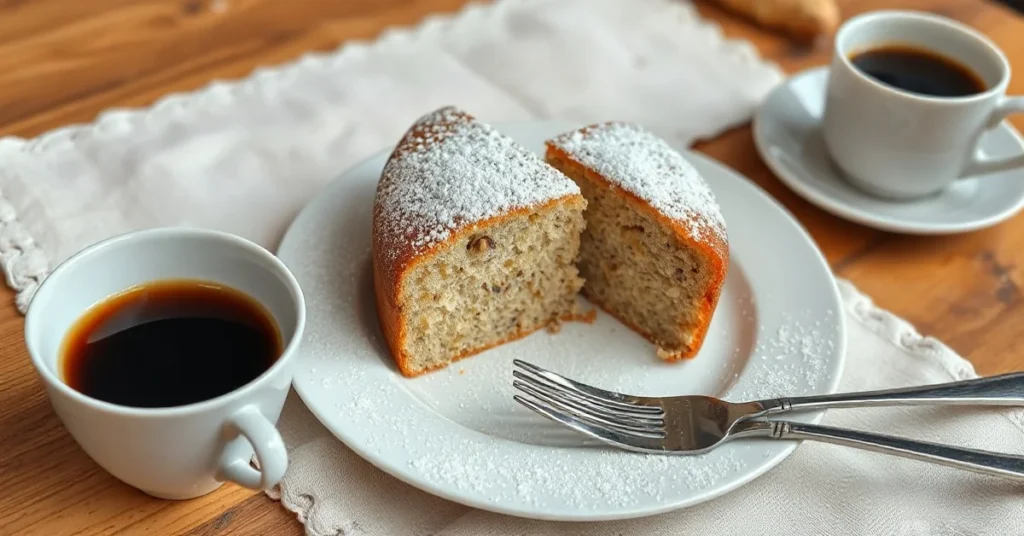 Golden-brown poppy seed cake on a white plate, perfectly sliced, dusted with powdered sugar, served with coffee and pastry fo