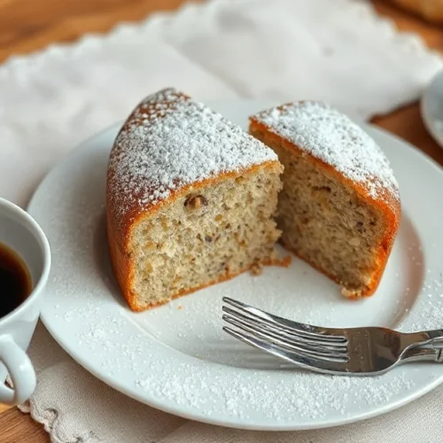 Golden-brown poppy seed cake on a white plate, perfectly sliced, dusted with powdered sugar, served with coffee and pastry fo