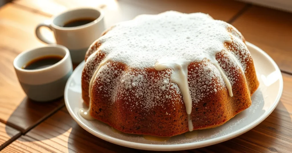Golden-brown poppy seed cake on white plate, powdered sugar glaze dripping elegantly, coffee cup beside, traditional German b