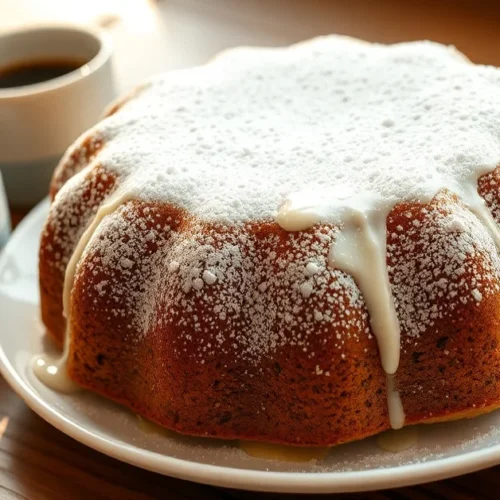 Golden-brown poppy seed cake on white plate, powdered sugar glaze dripping elegantly, coffee cup beside, traditional German b