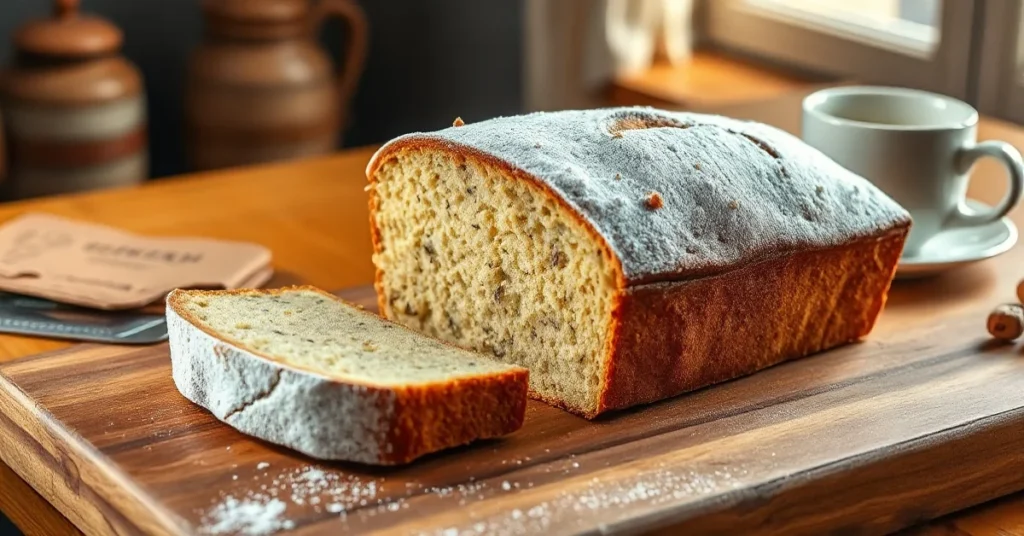 Golden brown poppy seed cake with powdered sugar dusting, sliced loaf on rustic wooden board, warm natural lighting, cozy tra