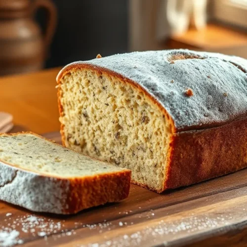 Golden brown poppy seed cake with powdered sugar dusting, sliced loaf on rustic wooden board, warm natural lighting, cozy tra