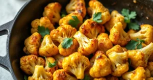 Golden-brown roasted cauliflower florets in a cast iron skillet with garlic, fresh parsley garnish, olive oil sheen, vibrant