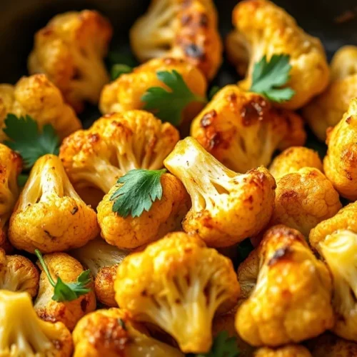 Golden-brown roasted cauliflower florets in a cast iron skillet with garlic, fresh parsley garnish, olive oil sheen, vibrant