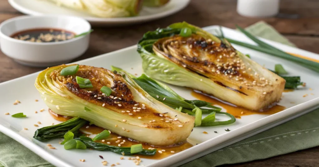 Golden-brown roasted pak choi halves with sesame seeds and fresh green onions, glistening Asian glaze, white plate, professio