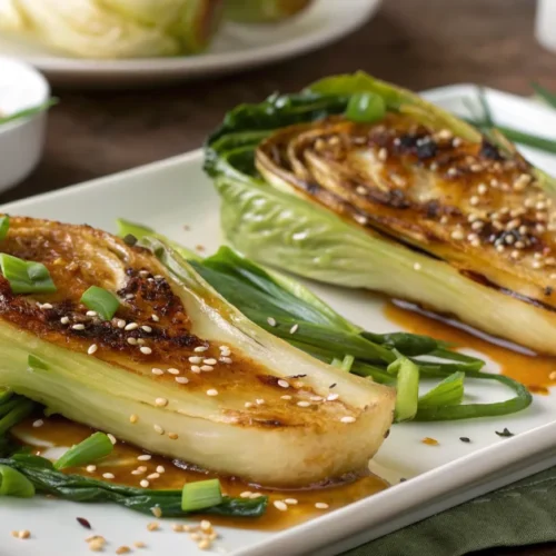 Golden-brown roasted pak choi halves with sesame seeds and fresh green onions, glistening Asian glaze, white plate, professio
