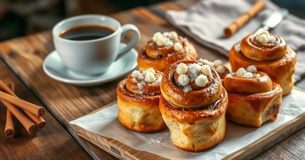 Golden-brown Swedish cinnamon buns with pearl sugar topping, fresh from oven, arranged on rustic wooden table with coffee cup