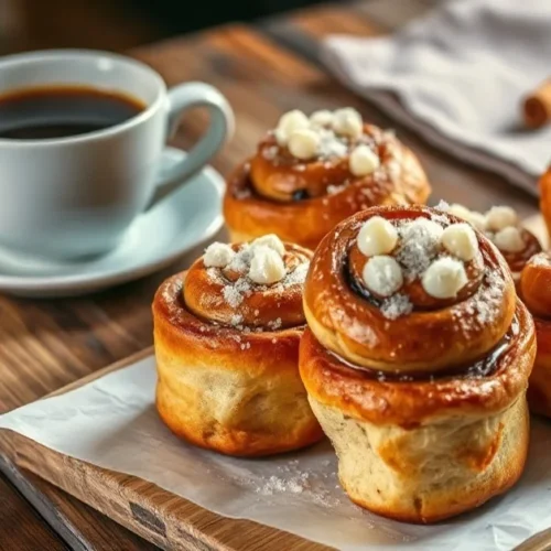 Golden-brown Swedish cinnamon buns with pearl sugar topping, fresh from oven, arranged on rustic wooden table with coffee cup