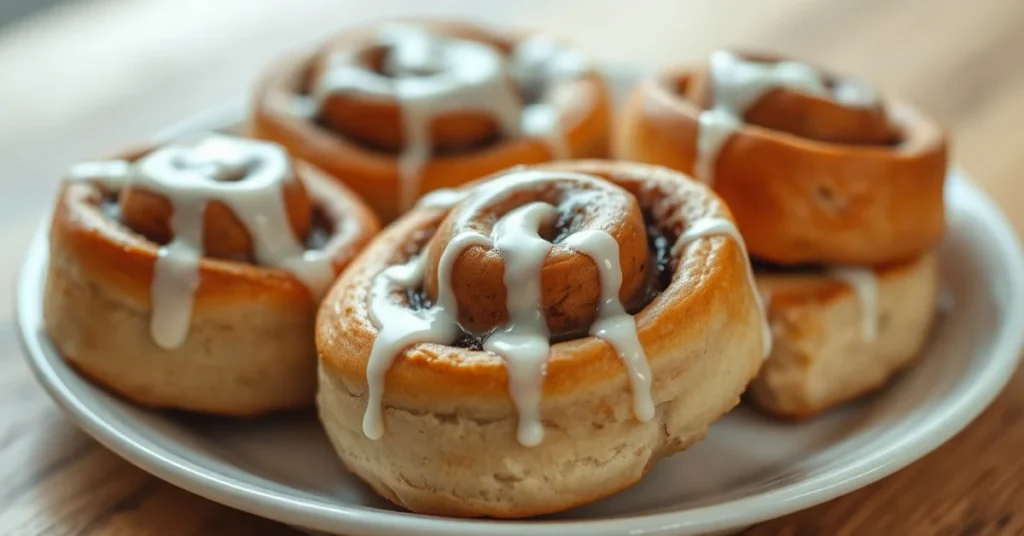 Golden brown Swedish cinnamon rolls arranged on white plate, topped with white icing, warm cozy bakery style photography, pro