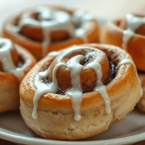 Golden brown Swedish cinnamon rolls arranged on white plate, topped with white icing, warm cozy bakery style photography, pro