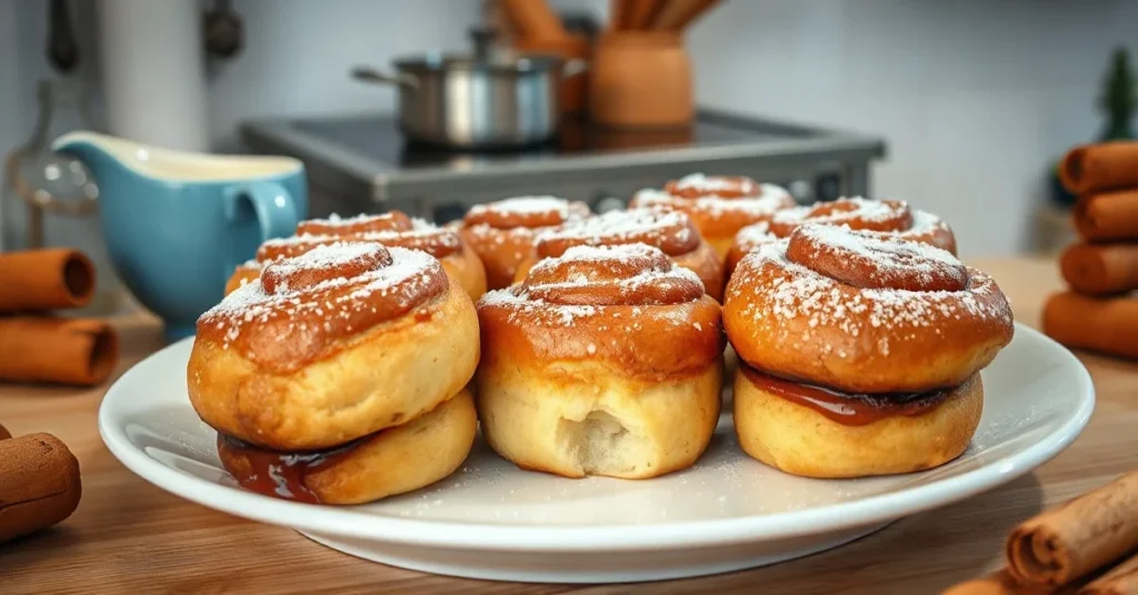 Golden-brown Swedish cinnamon rolls arranged on white plate, dusted with pearl sugar, warm steam rising, cozy kitchen backgro