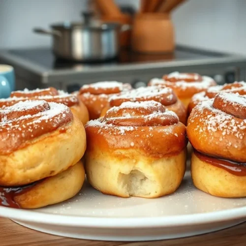 Golden-brown Swedish cinnamon rolls arranged on white plate, dusted with pearl sugar, warm steam rising, cozy kitchen backgro