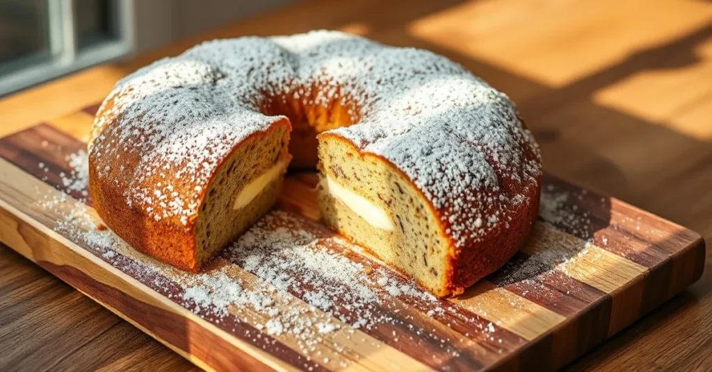 Golden-brown Thuringian poppy seed cake on wooden board, dusted with powdered sugar, slice partially cut showing creamy poppy