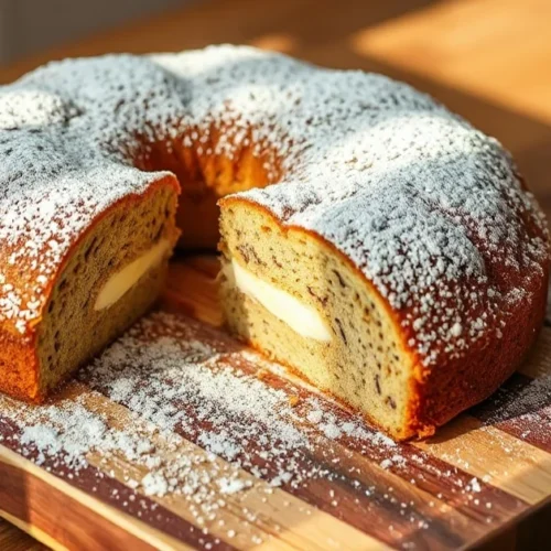 Golden-brown Thuringian poppy seed cake on wooden board, dusted with powdered sugar, slice partially cut showing creamy poppy