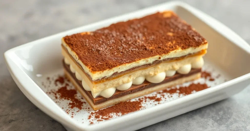 Golden brown tiramisu dessert in white rectangular dish, dusted with dark cocoa powder, layered mascarpone cream visible, pro