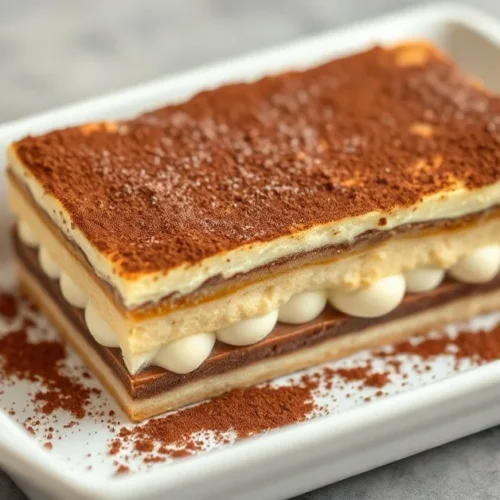 Golden brown tiramisu dessert in white rectangular dish, dusted with dark cocoa powder, layered mascarpone cream visible, pro