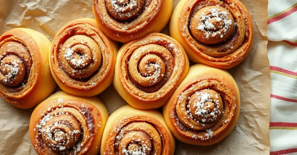 Golden-brown vegan cinnamon rolls with powdered sugar dusting, fresh-baked on parchment paper, warm kitchen lighting, overhea