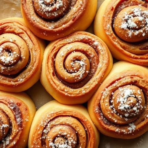 Golden-brown vegan cinnamon rolls with powdered sugar dusting, fresh-baked on parchment paper, warm kitchen lighting, overhea