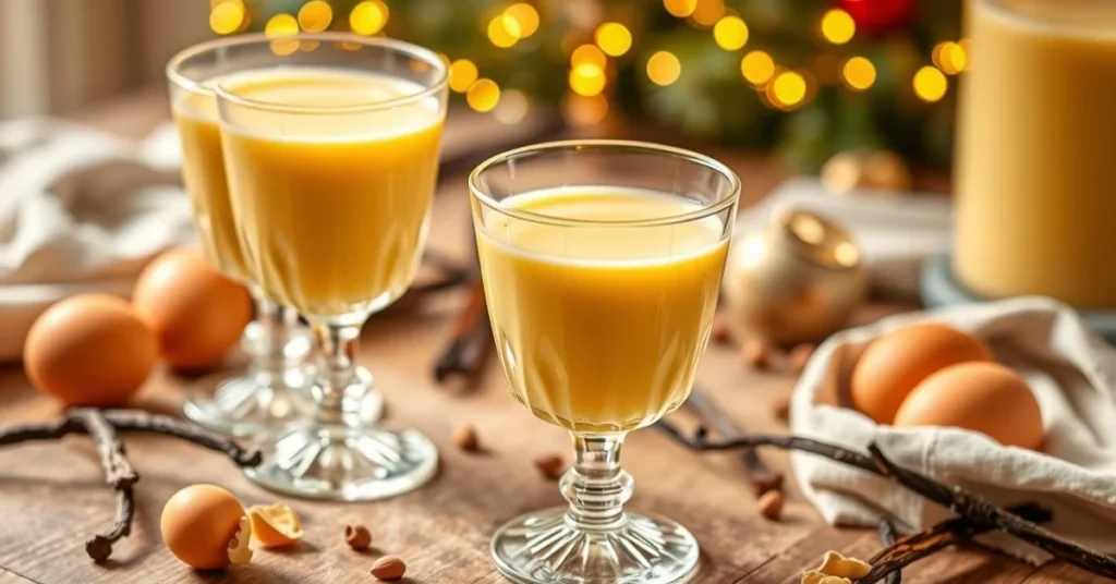 Golden creamy eggnog in vintage crystal glasses, fresh eggs and vanilla pods scattered around, luxury homemade liqueur photog